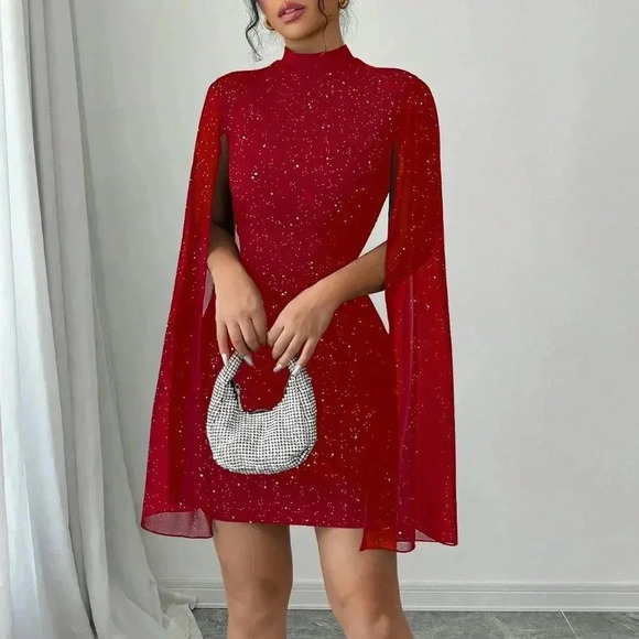 Dresses & Skirts - Red Party Women's Fitted Short Casual Mock Neck Flared Sleeve Bodycon Dress